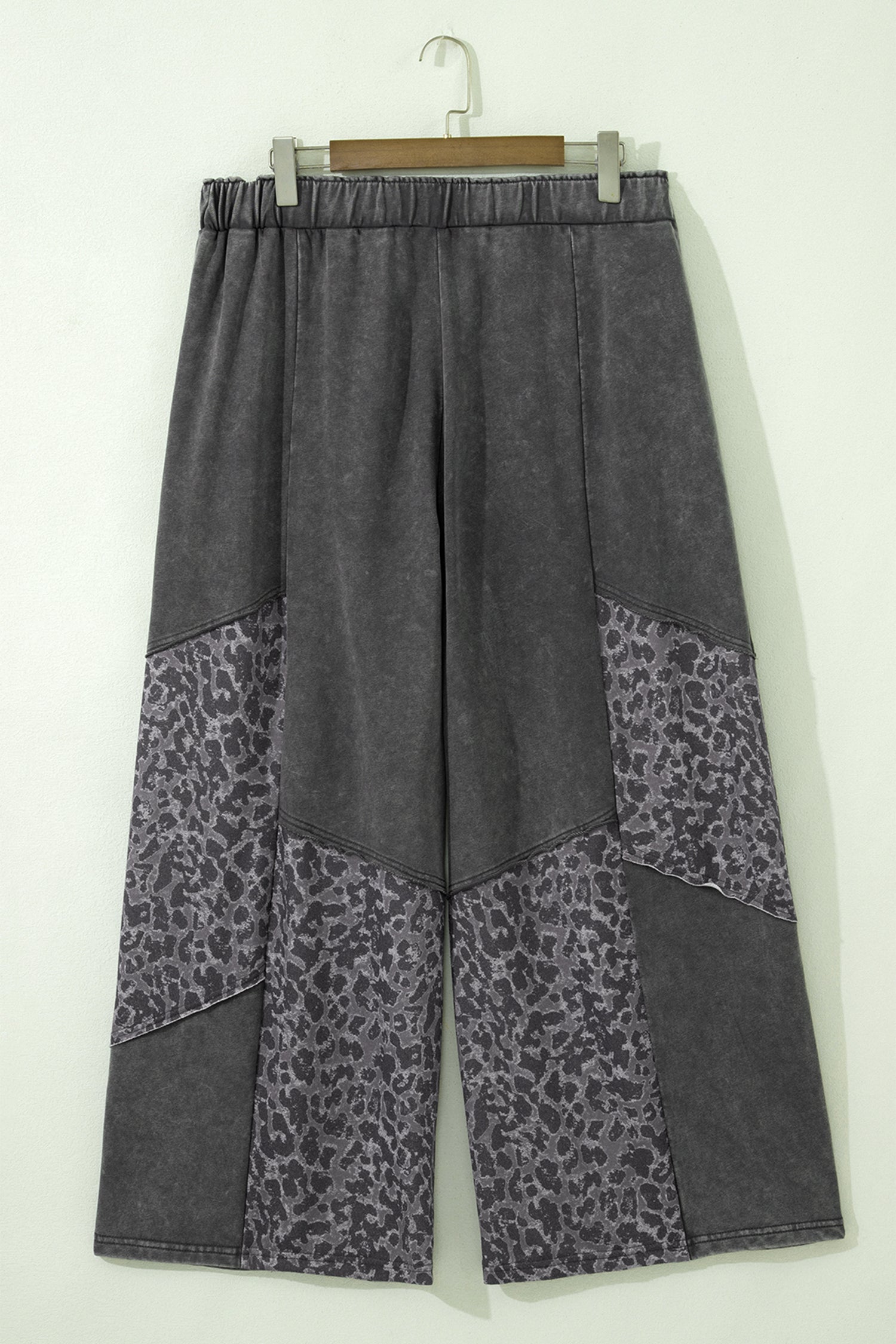 Dark Grey Plus Size Leopard Patchwork Mineral Wash Wide Leg Pants