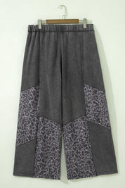 Dark Grey Plus Size Leopard Patchwork Mineral Wash Wide Leg Pants