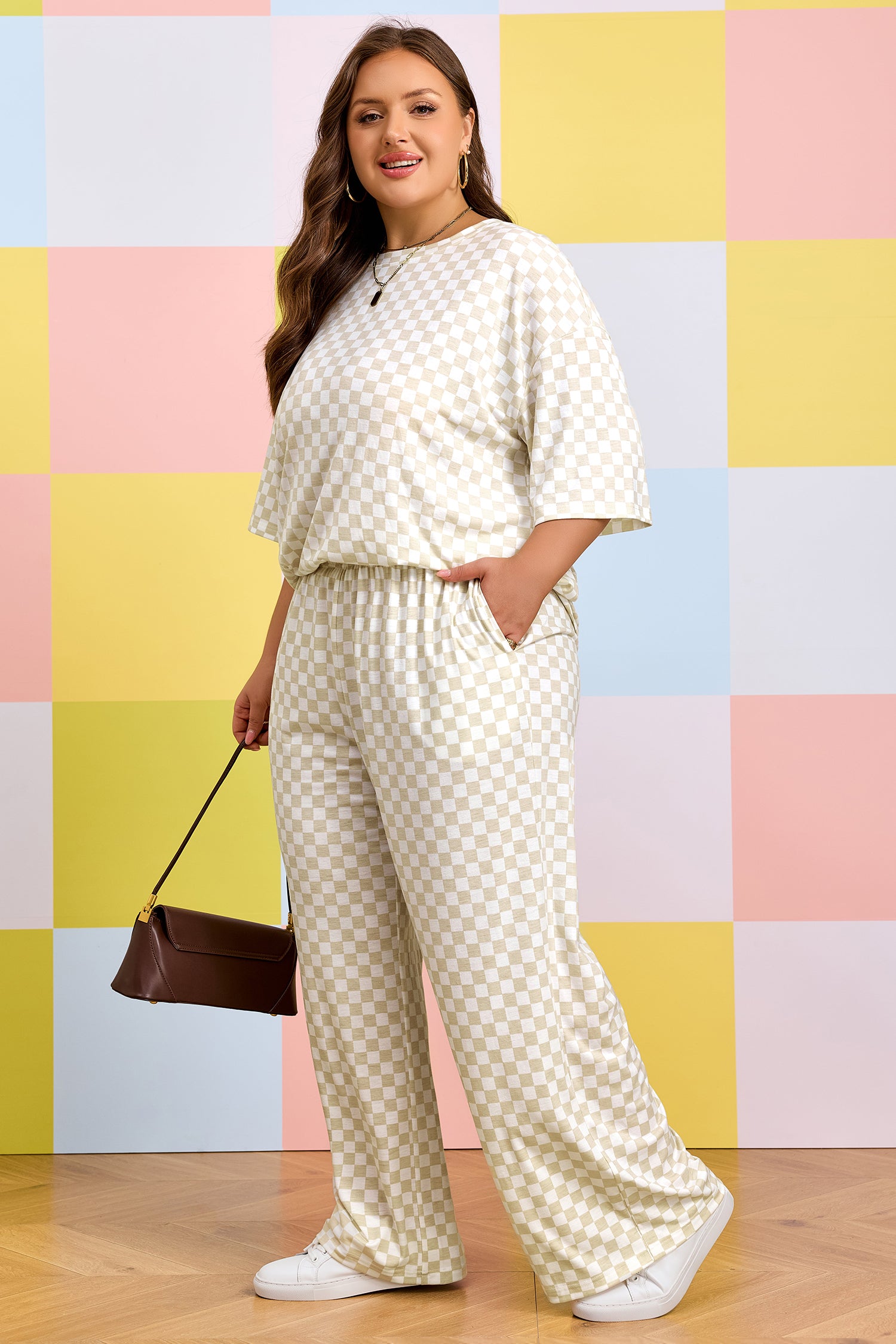 Khaki Plus Size Checkered Print Half Sleeve Tee Loose Pants Two-piece Lounge Set