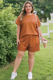 Brown Polka Dot Print Dropped Shoulder Tee Plus Size Short Set