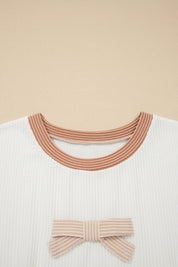 Apricot Bowknot Applique Plus Size Ribbed Top