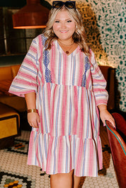 White Stripe Plus Size Embroidered Detail Flared 3/4 Sleeve V Neck Dress