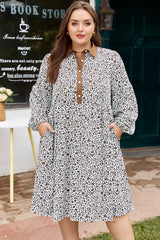 Pink Plus Size Button V Neck Leopard Print Puff Sleeve Loose Mini Dress