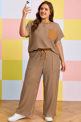 Khaki Stripe Plus Size Striped Colorblock Pocket Lounge Set