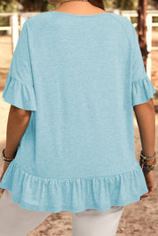 Light Blue Ruffled Short Sleeve Plus Size Casual Blouse