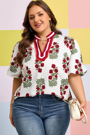 White Plus Size Floral Print Ricrac Striped Trim Short Sleeve Cotton Blouse
