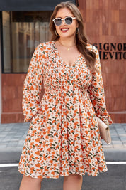 Beige Plus Size Floral Print V Neck Long Sleeve Babydoll Short Dress