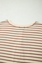 Brown Stripe Plus Size Half Buttons Top and Shorts Set