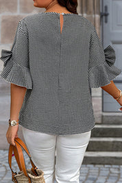 Black Plus Size Plaid Bow Decor Bell Sleeve Round Neck Jumper