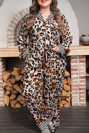 Khaki Plus Leopard Print Contrast Piping Striped Patchwork 2pcs Long Pajama Set