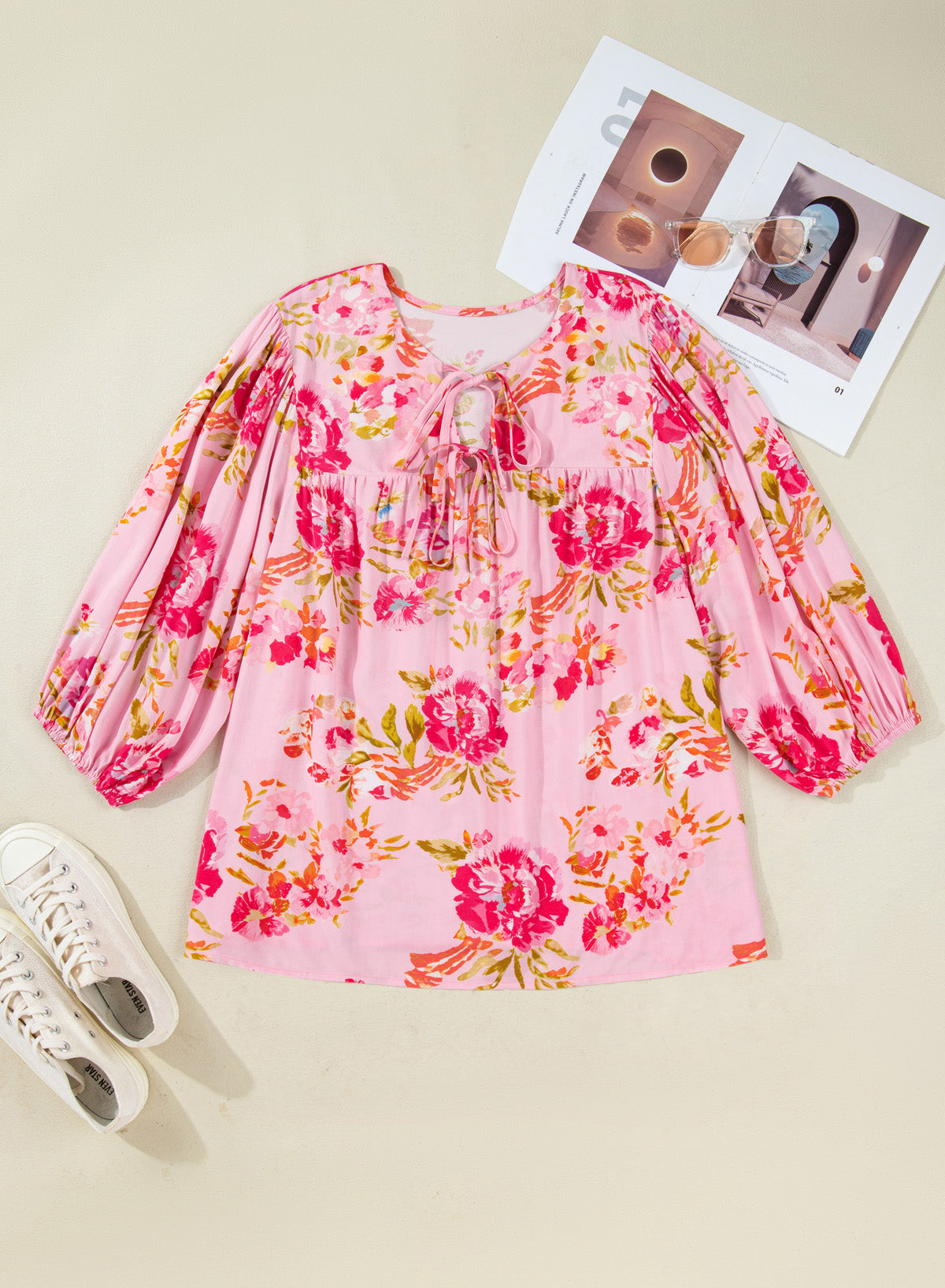 Pink Plus Size Floral Print V Neck Tie Front Short Sleeve Tunic Top