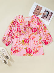 Pink Plus Size Floral Print V Neck Tie Front Short Sleeve Tunic Top