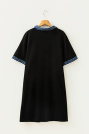 Black Colorblock Denim Collar Short Sleeve Plus Size Shift Dress