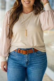 Parchment Polka Dot Long Sleeve Round Neck Plus Size Blouse