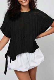 White Plus Size Open Knit Bow Tie Short Sleeve Sweater