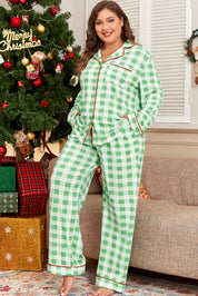 Green Plaid Print Contrast Trim Long Sleeve Plus Size Pajama Set