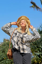 Black Plus Size Plaid Leopard Printed Patchwork Button Up Shacket