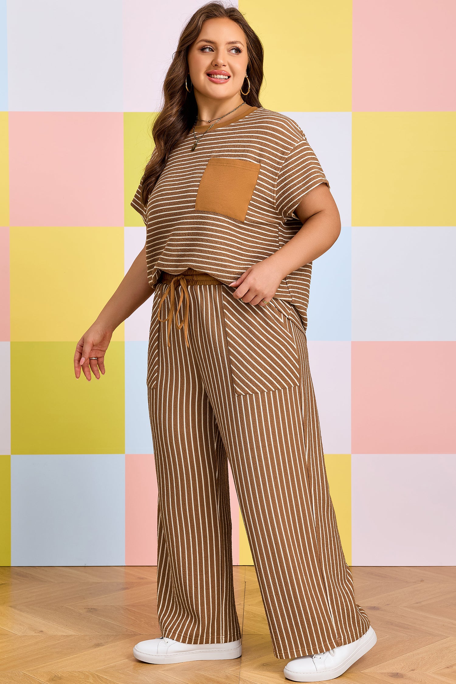 Khaki Stripe Plus Size Striped Colorblock Pocket Lounge Set
