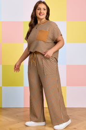 Khaki Stripe Plus Size Striped Colorblock Pocket Lounge Set
