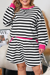 Black Stripe Color Block Edge Pullover and Shorts PLus Size Set