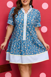 Blue Plus Size Floral Print Striped Patchwork Detail Button Front Ruffle Hem Dress