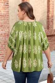 Black Boho Chic Notched V Neck Plus Floral Short Sleeve Top