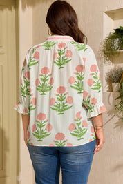Pink Plus Size Floral Print Striped Trim V Neck Blouse