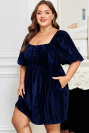 Navy Blue Velvet Ruched Bust Square Neck Short Puff Sleeve Plus Dress