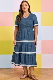 Dusk Blue Plus Size V Neck Swiss Dot Lace Patchwork Detail Flared Midi Dress