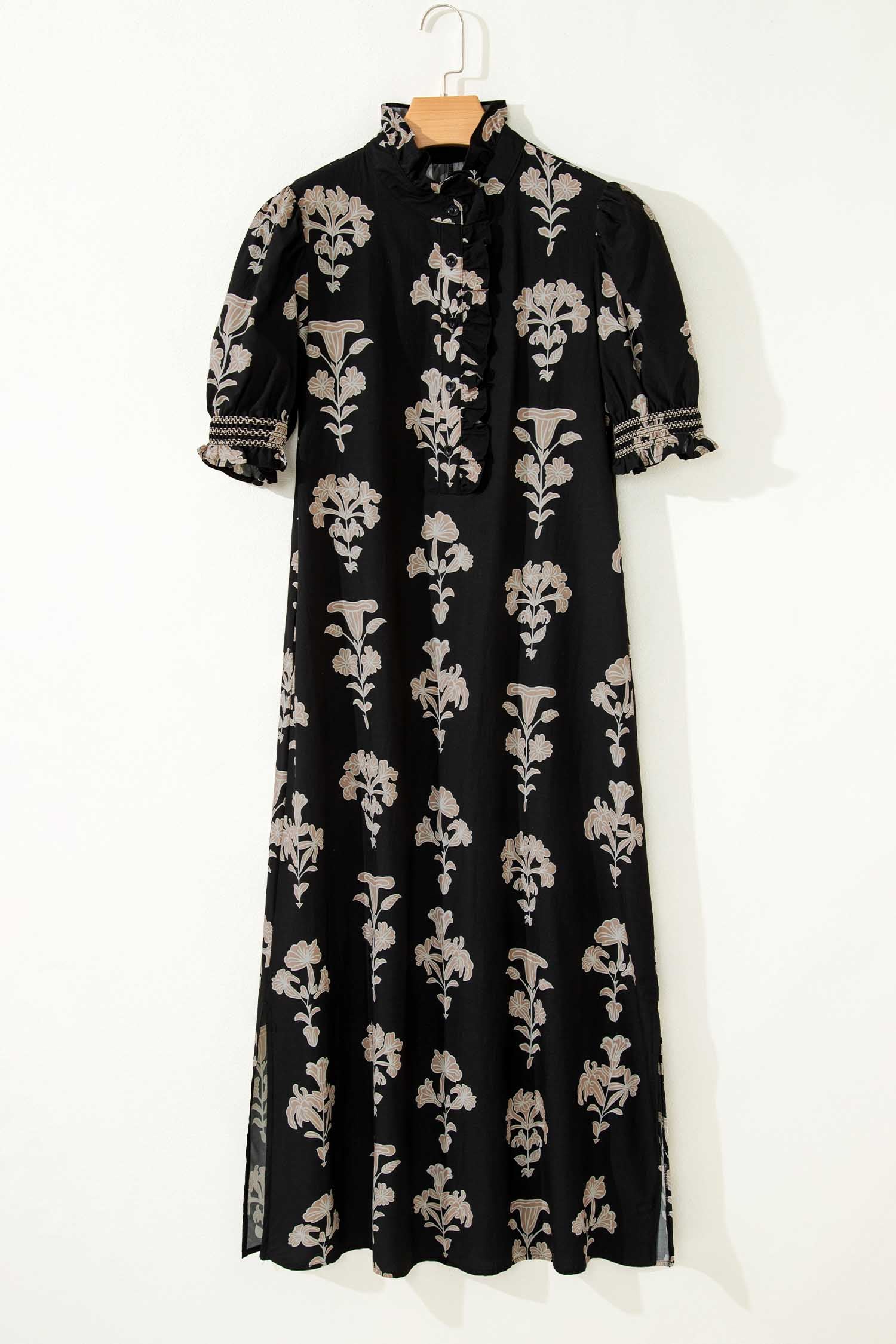 Black Floral Print Frilled Collar Short Puff Sleeve Maxi Dress