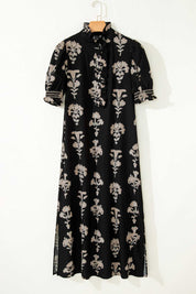 Black Floral Print Frilled Collar Short Puff Sleeve Maxi Dress