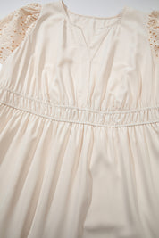 Apricot Plus Size V Neck Lacy Embroidery Patchwork Short Sleeve Maxi Dress