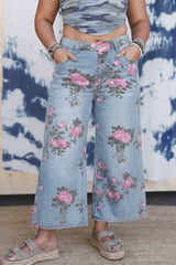 Sky Blue Plus Size Floral Print Ankle Length Loose Jeans