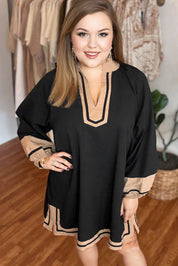 Black Plus Size Color Block Striped Trim V Neck Long Sleeve Shift Mini Dress