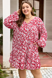 Purple Plus Floral Balloon Sleeve V Neck Relaxed Dress