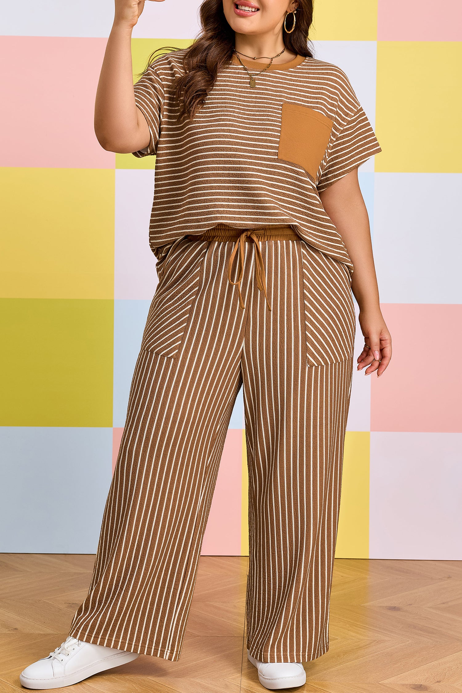 Khaki Stripe Plus Size Striped Colorblock Pocket Lounge Set