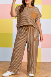 Khaki Stripe Plus Size Striped Colorblock Pocket Lounge Set