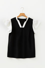 Vineyard Green Plus Size Contrast Frilled Neckline Ruffled Short Sleeve Ribbed Textured Blouse
