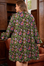 Green Plus Size Floral Print Collared V Neck Loose Mini Dress