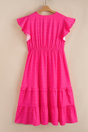 Rose Polka Dot Print Ruffled Smocked High Waist Plus Midi Dress