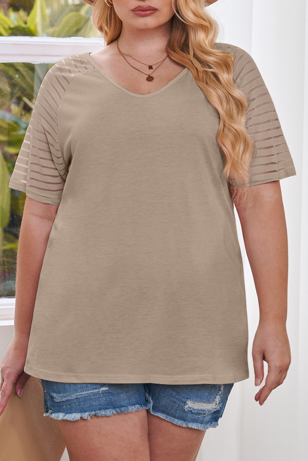 Khaki Striped Raglan Sleeve Plus Size Tee