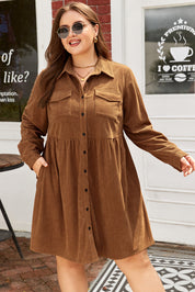 Camel Corduroy Full Buttoned Collared Shirt Style Plus Size Dress