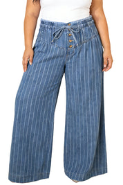 Sky Blue Stripe Plus Size Buttoned Loose Wide Leg Denim Pants