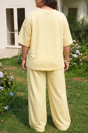 Yellow Cream Solid Color Eyelet Lace Panel Accent Plus Size 2pcs Outfit