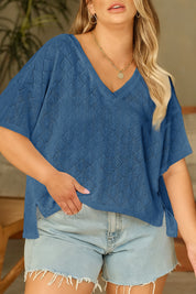 White Pointelle Rhombus Knit Plus Size V Neck Loose Top