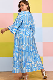 Sky Blue Plus Size Geometric Print Contrast Trim V Neck Bracelet Sleeve Long Dress