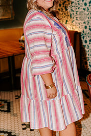 White Stripe Plus Size Embroidered Detail Flared 3/4 Sleeve V Neck Dress
