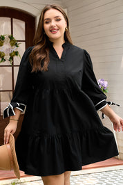 Black Contrast Trim Knot Cuffs Plus Size V Neck Mini Dress