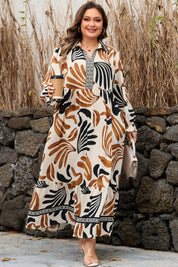 White Plus Size Abstract Print Contrast Collar Split Neck Shift Long Dress
