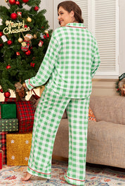 Green Plaid Print Contrast Trim Long Sleeve Plus Size Pajama Set